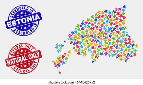 Element Estonia map and blue Assembled seal stamp, and Natural Only distress seal stamp. Colorful vector Estonia map mosaic of plugin. Red round Natural Only stamp.