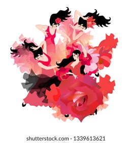 The element of fire. Four beautiful Spanish dancers dressed in red dresses dancing flamenco. Luxury composition on a white background.