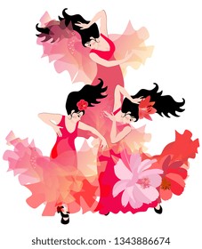 The element of fire. Three Spanish girls with flowing hair, dressed in long red dresses, dancing flamenco.