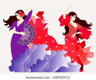 The element of fire and the element of water. Two Spanish or Gypsy girls dressed in long dresses dancing flamenco.