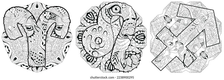 The element of Fire is the zodiac sign Aries, Leo and Sagittarius with mandalas for coloring