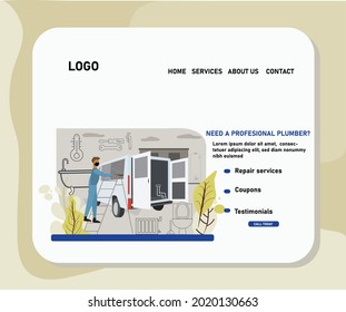 Element flat design for web banner, with Professional plumber Service , plumbing work van and construction tools, vector illustration.
