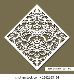 Element with floral ornaments. An ornate pattern of leaves, rings and flowers. The shape is a square rhombus. Isolated white object on brown background. Vector template for plotter laser cutting.