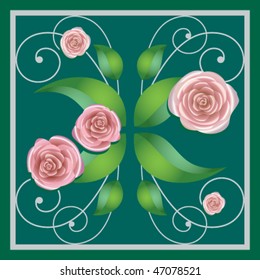 Element of a flower ornament on a green background, in a square, roses