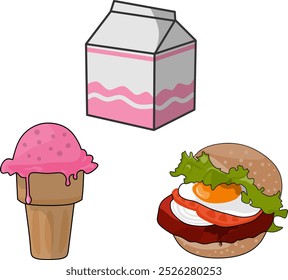 Element food vektor burger,ice cream, milk, set