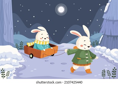 elemento divertido lindo invierno de fondo animal, adecuado para el diseño de impresión, tarjeta de saludo, invitación, animal de invierno jugando juntos, conejo, vector estilo de ilustración plana