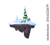 Element for game design, level platform with winter trees, vector illustration on white background. A piece of ground or forest floats in the air, flying island. Cartoon object for ui and interface