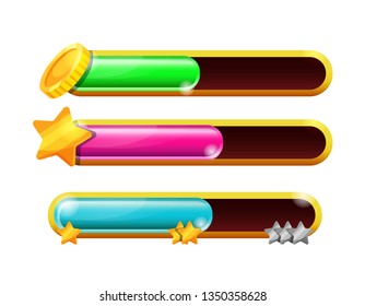Element game interface. Game panel with buttons for 2d games. Scale with bonuses, progress bar, money coins. Icons, dashboard for mobile phone and web applications. Game UI kit user interface vector.