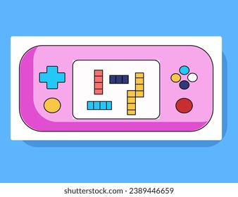 Element of game set in flat cartoon design. This colorful artwork include a PlayStation console, comes to life against a vibrant blue background. Vector illustration.