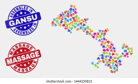 Element Gansu Province map and blue Assembled seal, and Massage textured seal stamp. Colorful vector Gansu Province map mosaic of plugin parts. Red rounded Massage seal.
