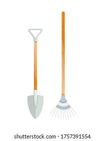 Element of garden set. Agricultural tool for garden care, colorful vector flat illustration. Gardening element shovels and rake