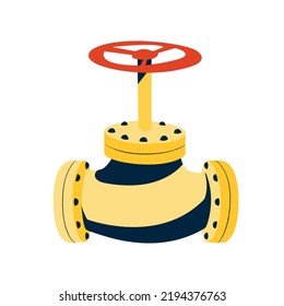 Elemento del gasoducto. Válvula para cerrar o abrir el suministro de gas. Elementos de conexión en estructuras metálicas. Ilustración en estilo gráfico plano. Centro de transporte de gas.