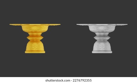 Element aus Gold- und Silberschalen mit thailändischem Kulturmuster. Thailand und Reisen.