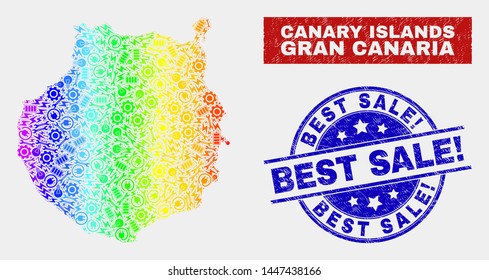 Element Gran Canaria map and blue Best Sale! scratched seal stamp. Spectrum gradiented vector Gran Canaria map mosaic of machinery components. Blue rounded Best Sale! seal.