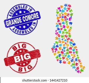 Element Grande Comore Island map and blue Assembled seal stamp, and Big textured seal stamp. Colored vector Grande Comore Island map mosaic of bundle elements. Red round Big stamp.