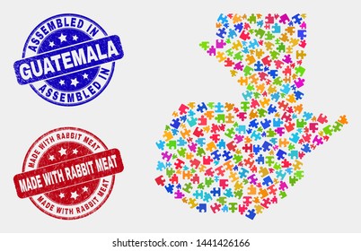 Element Guatemala map and blue Assembled seal stamp, and Made with Rabbit Meat grunge seal. Colored vector Guatemala map mosaic of plug-in components. Red rounded Made with Rabbit Meat badge.