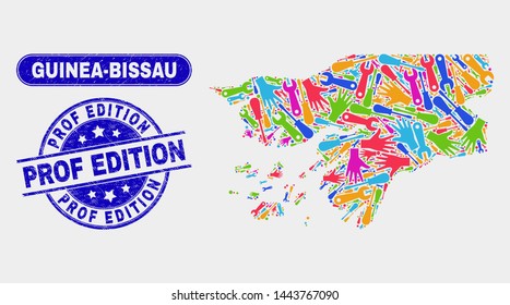 Element Guinea-Bissau map and blue Prof Edition textured stamp. Colorful vector Guinea-Bissau map mosaic of mechanic components. Blue rounded Prof Edition stamp.