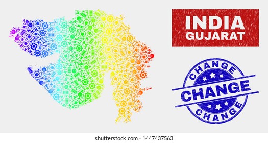 Element Gujarat State map and blue Change textured seal. Spectral gradient vector Gujarat State map mosaic of engineering units. Blue rounded Change seal.