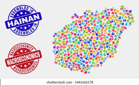 Element Hainan map and blue Assembled seal stamp, and Macroeconomics grunge seal stamp. Colorful vector Hainan map mosaic of bundle parts. Red round Macroeconomics stamp.