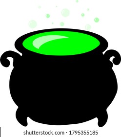 Сharacter element for Halloween: a black Witch cauldron with bubbling green liquid on a white background. Cartoon creepy design. Vector illustration.