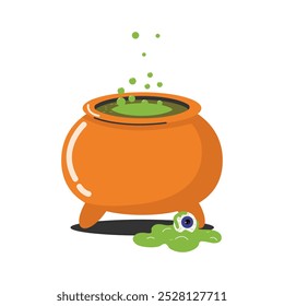 An element for Halloween holiday design. A cauldron of green boiling witch's potion, bubbles and an eye. Isolated on a white background. Vector illustration.