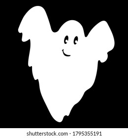 Сharacter element for Halloween: Scary, flying white ghost with smiling face on black background. Cartoon creepy design. Vector illustration.