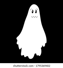 Сharacter element for Halloween: Scary, flying white ghost with frightened face on black background. Cartoon creepy design. Vector illustration.