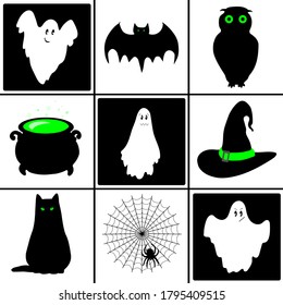 Сharacter element for Halloween: set of black bat, cat, witch's hat, cauldron, owl, spider weband ghosts on a white and black background. Cartoon creepy design. Vector illustration.