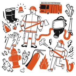 The Element Hand Drawn Of Fire Fighting, Vector Illustration Doodle Style.