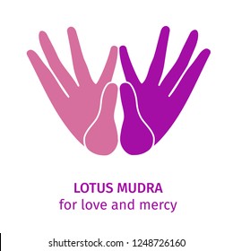 Element hand in yoga mudra lotus for love. Vector illustration for a yoga studio, spa, postcards, souvenirs. Colorful hands in meditation, on a white background. Colorful energy for banner design