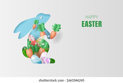 Element holiday bunny for design.Happy Easter day eggs in green grass with white flowers.Butterflies fly air.Creative paper cut and craft style idea card  background.Shape curve rabbit.Eco EPS10.