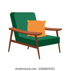 Element of home furniture. Sticker with comfortable chair with green upholstery and wooden body. Design element for designing interiors. Cartoon flat vector illustration isolated on white background