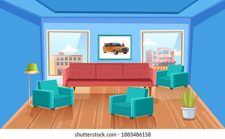 Elemento de la sala interior para el descanso, recepción. Maravillosas vistas desde la ventana. Diseño y comodidad, ilustración de dibujos animados.
