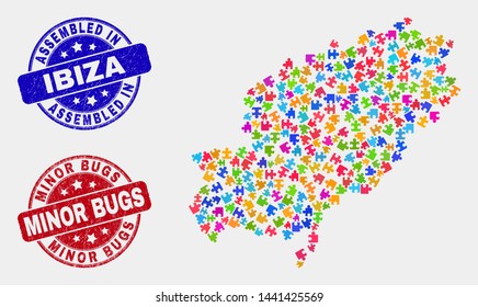 Element Ibiza Island map and blue Assembled seal stamp, and Minor Bugs grunge stamp. Bright vector Ibiza Island map mosaic of plug-in modules. Red round Minor Bugs stamp.