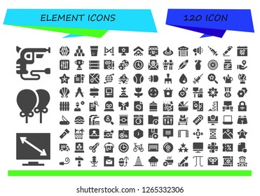  element icon set. 120 filled element icons. Simple modern icons about  - Revolver, Television, Balloons, Shield, Hierarchical structure, Water, Police line, Tv, Garage, Online marketing