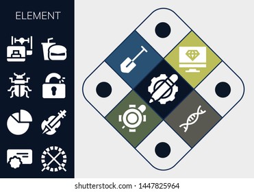 element icon set. 13 filled element icons.  Simple modern icons about  - Settings, Reward, Hamster ball, Chart, Violin, Beetle, Unlocked, Laptop, Fast food, Computer, Shovel, Turtle