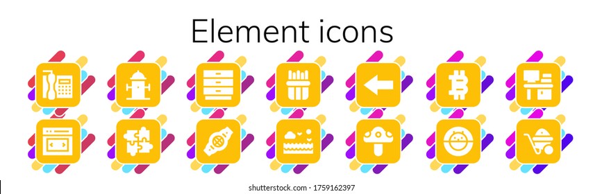 element icon set. 14 filled element icons. Included Telephone, Slider, Hydrant, Puzzle, Drawers, Belt, French fries, Sea, Back, Mushroom, Bitcoin, Hamster ball, Desk, Wheelbarrow icons