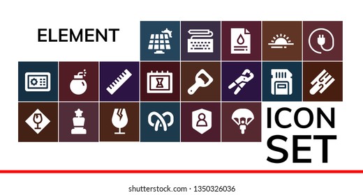 element icon set. 19 filled element icons.  Collection Of - Solar panel, Safebox, Fragile, Award, Pretzel, Shield, Parachute, Bomb, Ruler, Calendar, Bottle opener, Pliers, Sd card