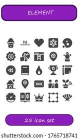 element icon set. 25 filled element icons.  Simple modern icons such as: Geisha, Hot, Heart, Hidden camera, Cookie, Discount, Delivery truck, Bookmark, Settings, Cactus, Rewind