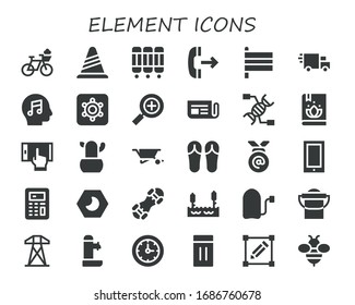 element icon set. 30 filled element icons. Included Bicycle, Cone, Room divider, Outgoing call, Flags, Delivery truck, Music, Hidden camera, Search, Newspaper, Dna, Book icons