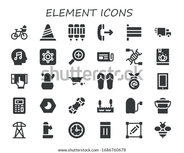 element icon\
set. 30 filled element icons. Included Bicycle, Cone, Room divider,\
Outgoing call, Flags, Delivery truck, Music, Hidden camera, Search,\
Newspaper, Dna, Book\
icons