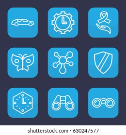 Element icon. set of 9 outline element icons such as car, binoculars, ribbon on hand, clock in gear, butterfly, atom, wall clock