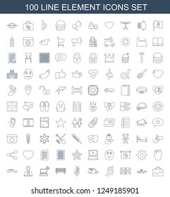 element icons. Set of 100 line element icons included graph, lovebirds, football pitch, music note on white background. Editable element icons for web, mobile and infographics.