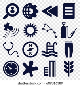 Element icons set. set of 16 element filled icons such as splash, underpants, sun, harden hose, satellite, stethoscope, play back, clock, swimming pool, user search, building