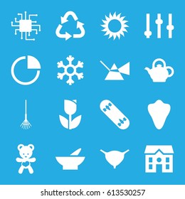 Element icons set. set of 16 element filled icons such as animal fang, bowl, recycle, house, rake, sun, bladder, bear teddy, pie chart, teapot, snowflake, skate board, CPU