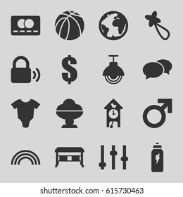 Element icons set. set of 16 element filled icons such as baby onesie, male, hair barrette, credit card, chat, dollar, basketball, street lamp, energetic drink, rainbow, lock