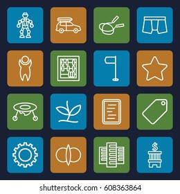 Element icons set. set of 16 element outline icons such as gear, building, baby toy, tag, jump rope, man underwear, star, plant, car, document, abacus, man, atom fusion, robot
