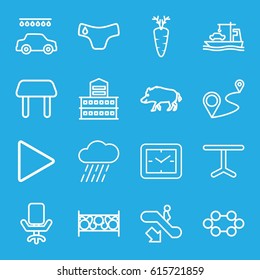 Element Icons Set. Set Of 16 Element Outline Icons Such As Escalator Down, Hog, Building, Children Panties, Table, Car Wash, Rain, Fence, Carrot, Distance, Cargo Ship, Play