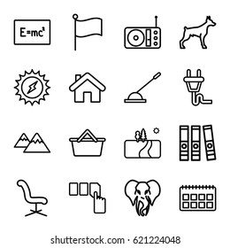 Element icons set. set of 16 element outline icons such as dog, elephant, push button, office chair, arm lever, radio, mountain, plug, landscape, solar energy