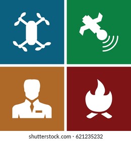 Element icons set. set of 4 element filled icons such as businessman, satellite, bonfire